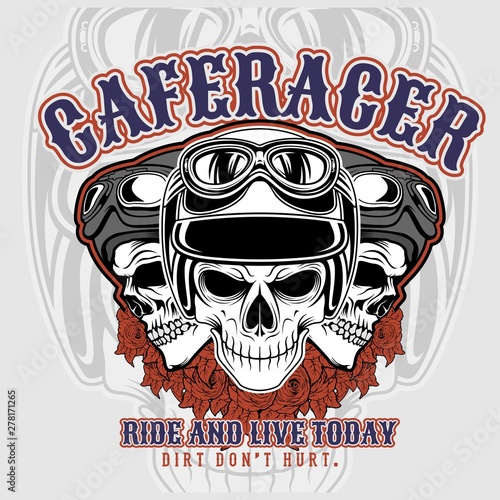 cafe racer 3 skulls wearing helmets.vector hand drawing,Shirt designs, biker, disk jockey, gentleman, barber and many others.isolated and easy to edit. Vector Illustration