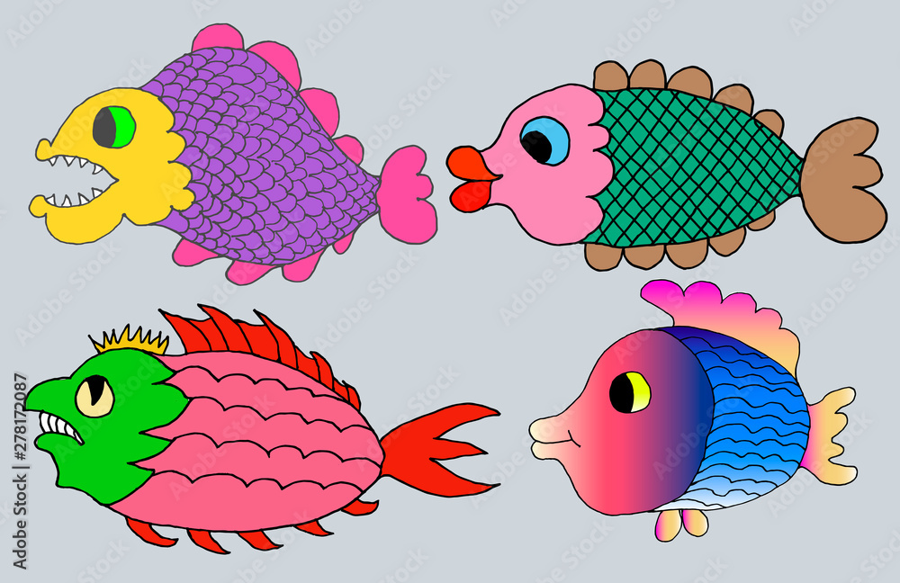 Sketch of four colored fantastic fish. Color vector illustration. Site about fish, animals, fishing, sea, art. Stock Vector | Adobe Stock Sketch of four colored fantastic fish. Color vector illustration. Site about fish, animals, fishing, sea, art. Stock Vector | Adobe Stock
