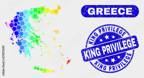 Spectral dotted Greece map and seal stamps. Blue rounded King Privilege distress stamp. Gradiented spectral Greece map mosaic of randomized circle elements.