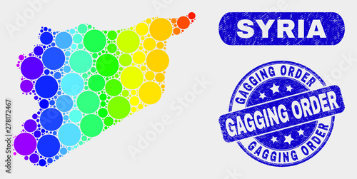 Spectrum dot Syria map and rubber prints. Blue round Gagging Order grunge stamp. Gradiented spectrum Syria map mosaic of scattered circle dots. Gagging Order seal stamp with rubber texture.