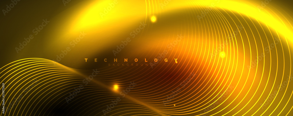 Bright neon circles and wave lines, glowing shiny background design template, digital techno concept. Bright neon circles and wave lines, glowing shiny background design template, digital techno concept.