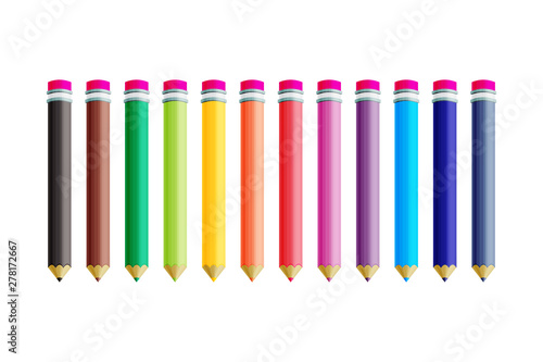12  color pencils. Cector collection isolated illustration on white background.  Office supplies.