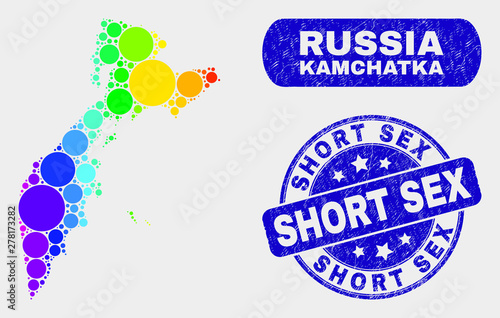Rainbow colored dot Kamchatka map and seal stamps. Blue rounded Short Sex scratched seal stamp. Gradient spectrum Kamchatka map mosaic of randomized round dots.