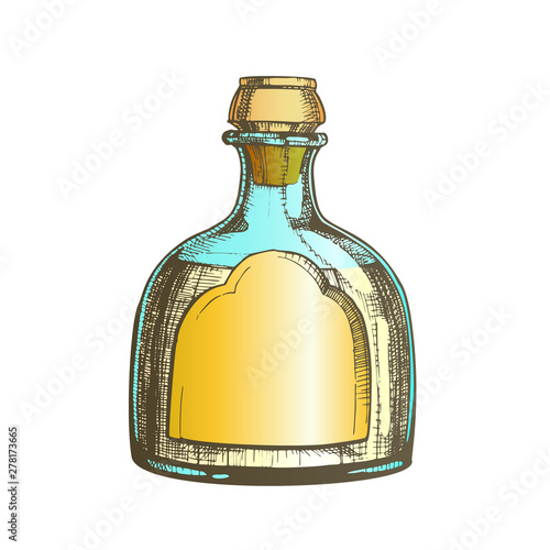 Blown Classic Mexican Tequila Glass Bottle Vector. Hand Drawn Modern Bottle With Blank Label For National Mexico Alcohol Drink Product. Made From Blue Agave Plant Beverage Package Color Illustration