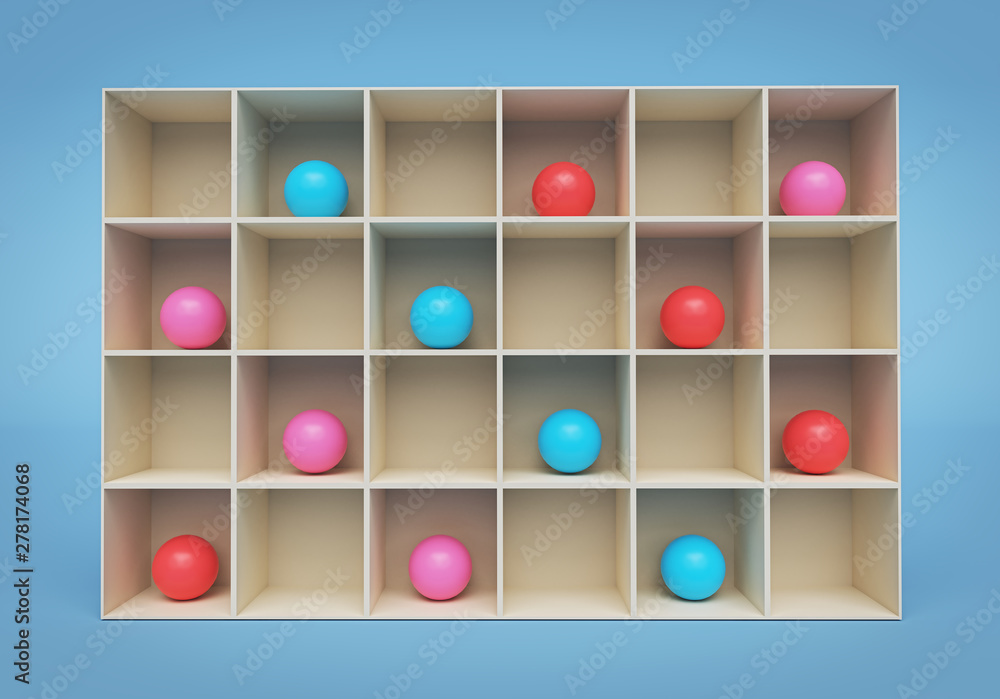 multicolored balls on a shelf. 3d rendering