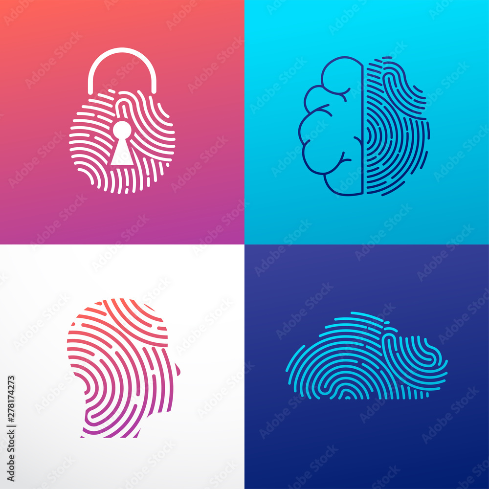 Fingerprint scan logo, privacy, cyber security ,identity information and network protection. Person head, brain, cloud and lock icons. Vector icon