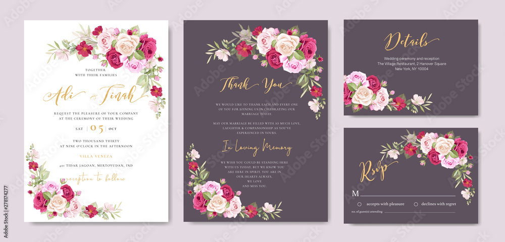 Naklejka wedding invitation card with floral and leaves frame template