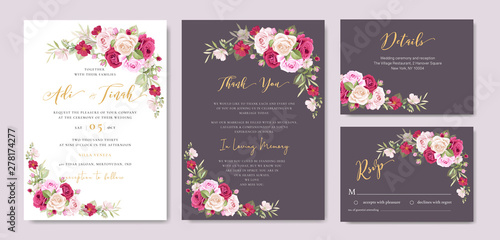 wedding invitation card with floral and leaves frame template