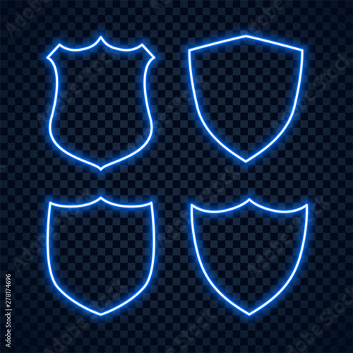 blue neon security shield protection sign set