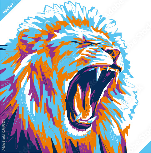 Pop art portrait of agressive lion. Vector illustration