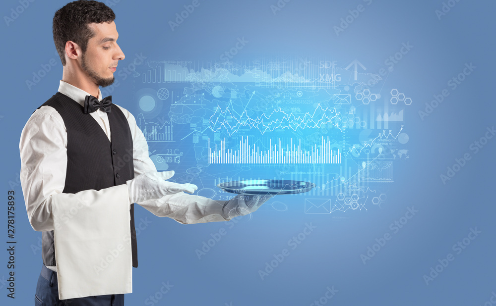 Waiter serving fluctuation concept and charts on a tray Waiter serving fluctuation concept and charts on a tray
