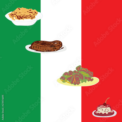 Hand illustration of Italian lunch time with 4 dishes including spaghetti, steak, green salad and dessert on Italian flag background. Poster, card, menu board, postcard, card menu.