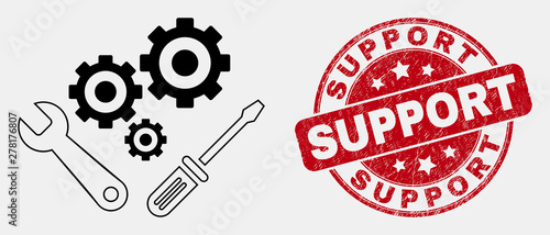 Vector line instrumental tools icon and Support seal. Blue rounded distress seal stamp with Support phrase. Black isolated instrumental tools icon in linear style.