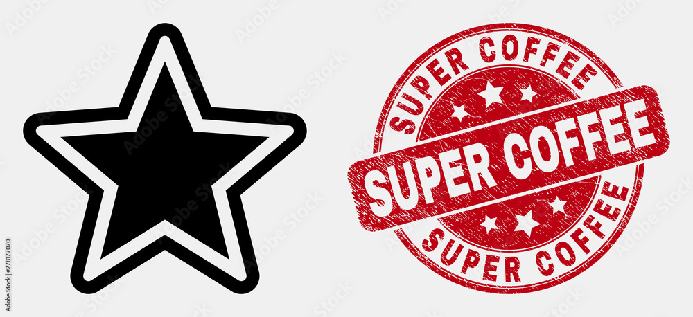 Vector linear star icon and Super Coffee seal. Blue rounded grunge seal stamp with Super Coffee title. Black isolated star symbol in linear style. Vector linear star icon and Super Coffee seal. Blue rounded grunge seal stamp with Super Coffee title. Black isolated star symbol in linear style.
