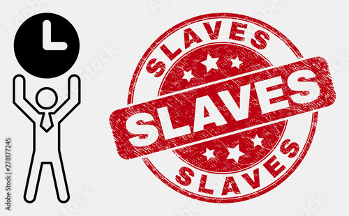 Vector linear time manager icon and Slaves watermark. Blue rounded scratched watermark with Slaves message. Black isolated time manager icon in contour style.