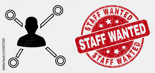 Vector stroke person links pictogram and Staff Wanted watermark. Blue round textured watermark with Staff Wanted caption. Black isolated person links symbol in stroke style.