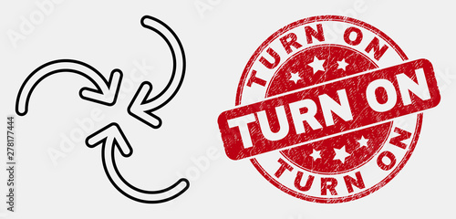 Vector stroke swirl arrows icon and Turn On seal stamp. Blue rounded grunge stamp with Turn On text. Black isolated swirl arrows icon in stroke style.