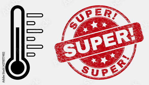 Vector line temperature icon and Super! seal stamp. Blue rounded scratched seal stamp with Super! title. Black isolated temperature icon in stroke style.