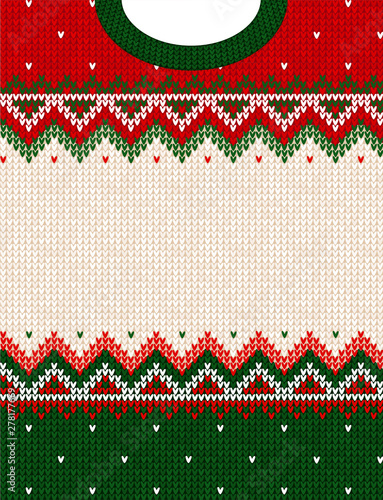 Ugly sweater Merry Christmas ornament scandinavian style knitted background frame border