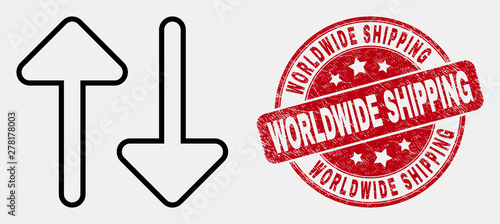 Vector contour vertical exchange arrows pictogram and Worldwide Shipping seal stamp. Blue round distress seal stamp with Worldwide Shipping title.