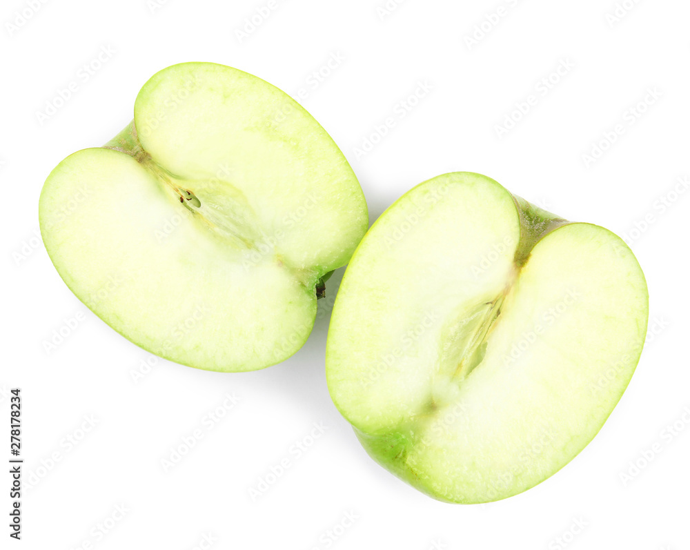 Halves of fresh green apple on white background, top view Halves of fresh green apple on white background, top view