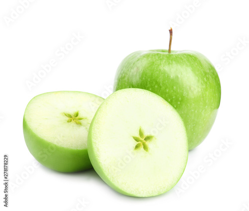 Fresh ripe green apples on white background