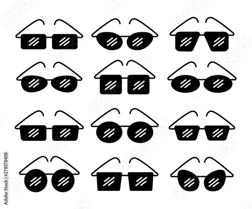 Vector illustration of frameless glasses. Flat icon set of reading rimless eyeglasses. Sunglasses. Isolated objects