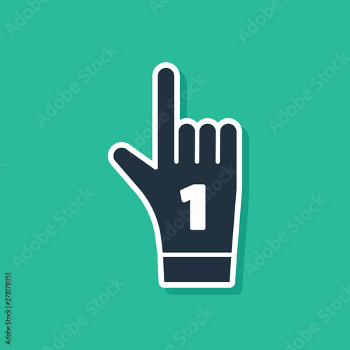 Blue Number 1 one fan hand glove with finger raised icon isolated on green background. Symbol of team support in competitions. Vector Illustration