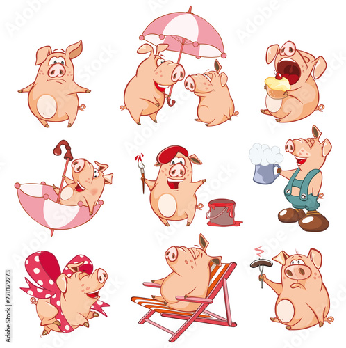 Set of Vector Cartoon Illustration. Cute Pigs in Different Poses for you Design. Cartoon Character