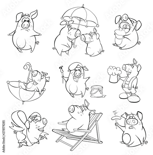 Set of Vector Cartoon Illustration. Cute Pigs in Different Poses for you Design. Cartoon Character
