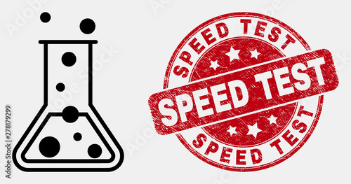 Vector contour chemical retort icon and Speed Test stamp. Blue rounded textured stamp with Speed Test message. Black isolated chemical retort icon in contour style.