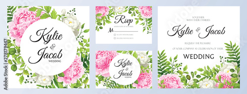 Wedding Invitation, thank you, rsvp card. Floral design with green leaves and pink roses. Vector elegants cute rustic greeting, invite.