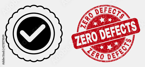 Vector stroke approve seal icon and Zero Defects seal stamp. Blue round textured stamp with Zero Defects phrase. Black isolated approve seal icon in line style.