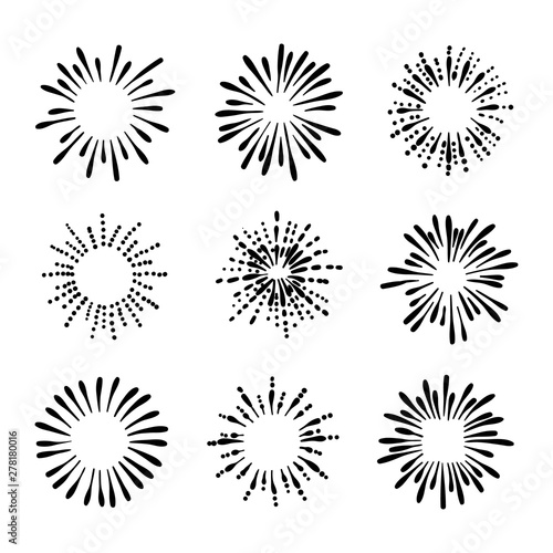 Vector Collection of Hand Drawn Retro Firework Drawings  Black and White Illustration  Ink Splashes.