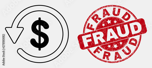 Vector stroke dollar refund pictogram and Fraud seal stamp. Blue rounded grunge seal with Fraud message. Black isolated dollar refund pictogram in linear style.