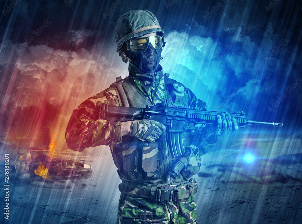 Armed soldier with sniper in the middle of a dust storm Armed soldier with sniper in the middle of a dust storm