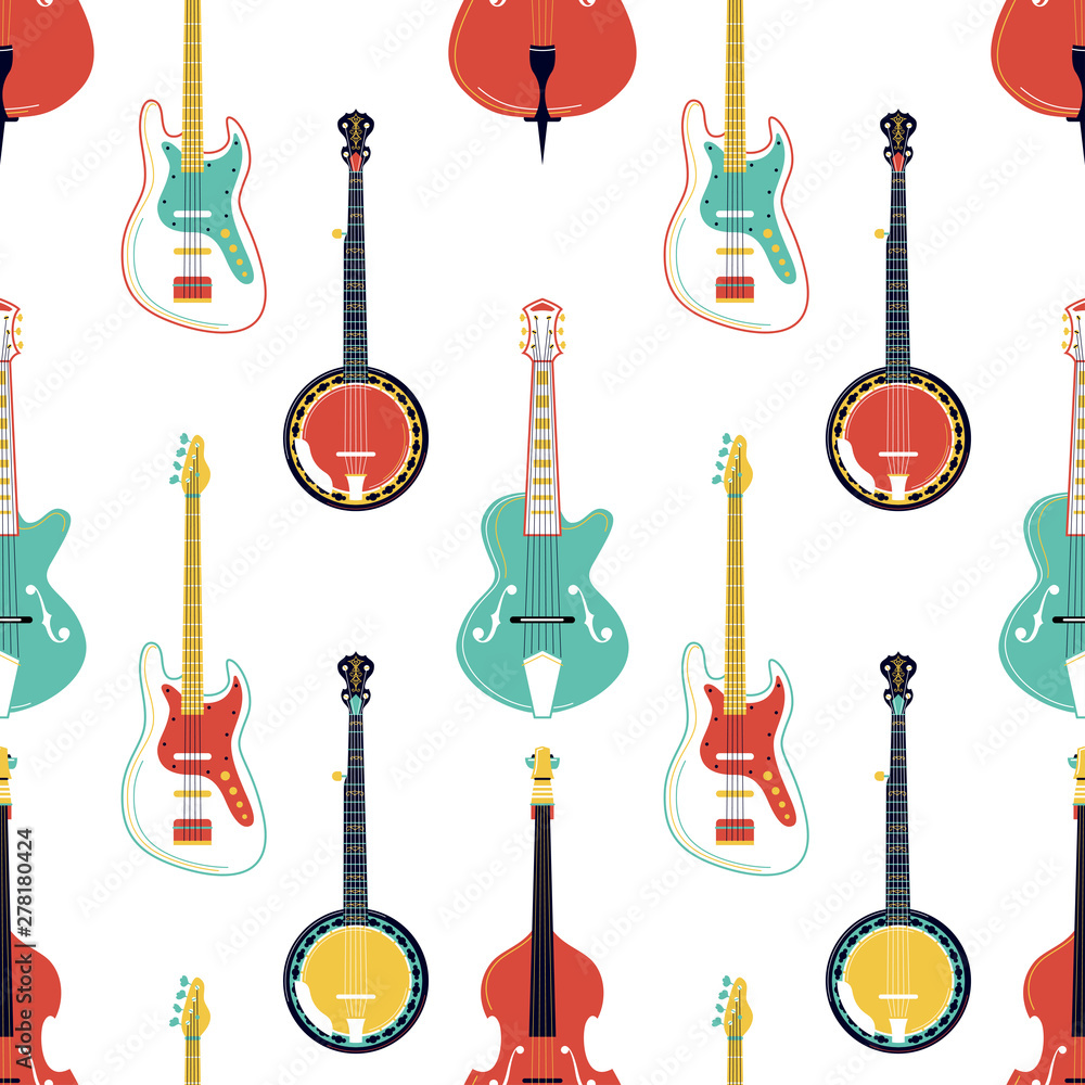 Naklejka premium Strumming music instruments vector seamless pattern