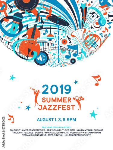 Summer jazz festival announcement poster flat template