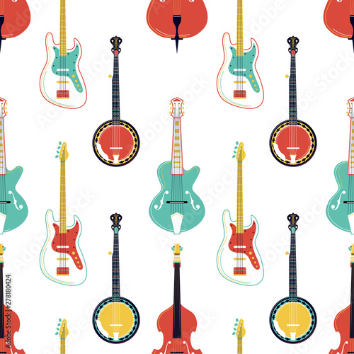Strumming music instruments vector seamless pattern