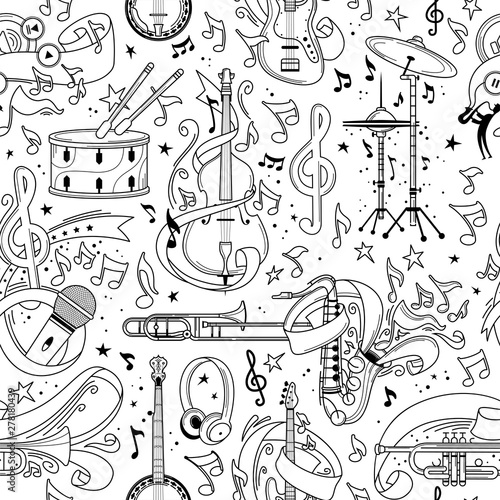 Musical equipment hand drawn outline seamless pattern