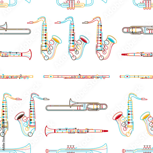 Brass instruments hand drawn outline seamless pattern