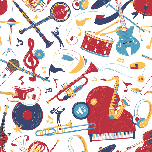 Musical instruments flat vector seamless pattern