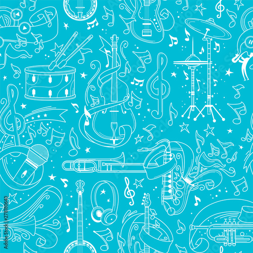 Canvas Print Orchestra instruments hand drawn outline seamless pattern