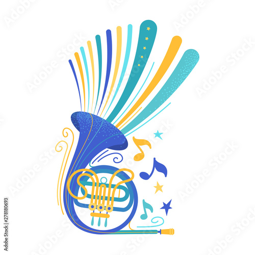 Blue french horn flat vector illustration