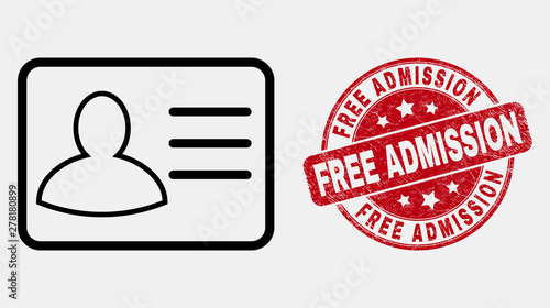 Vector linear user card icon and Free Admission seal stamp. Blue round grunge seal stamp with Free Admission phrase. Black isolated user card icon in stroke style.
