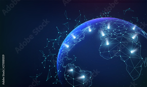 Global network business connections with dots and light flashes. World map network communications.