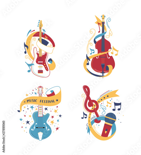 String and bowed musical instruments illustrations set