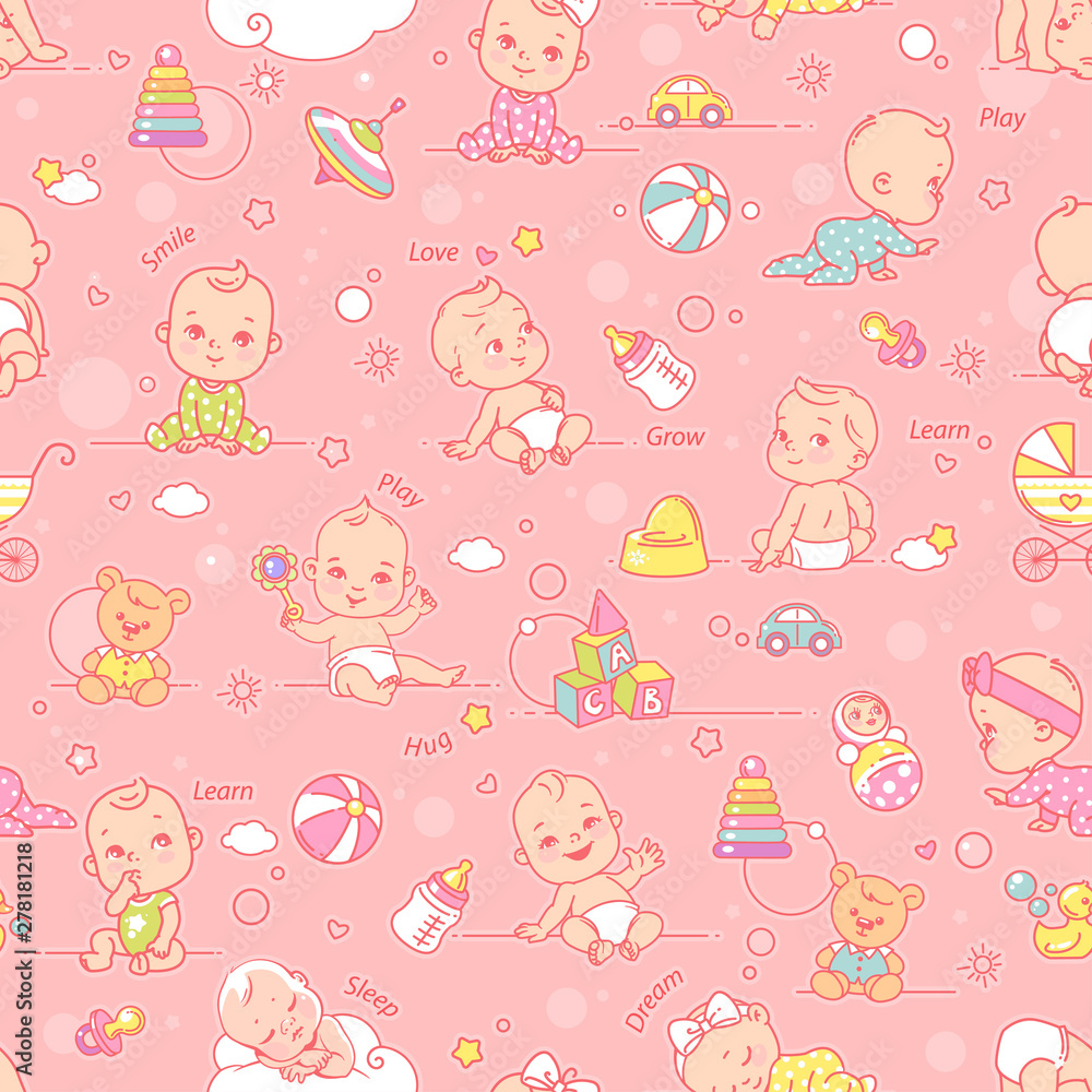 Little baby, child objects and toys seamless pattern. Little baby, child objects and toys seamless pattern.