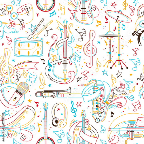 Musical instruments hand drawn outline seamless pattern