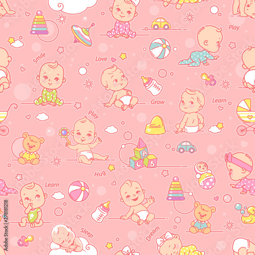 Little baby, child objects and toys seamless pattern.